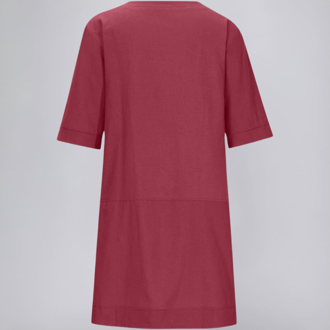Knee-Length Linen Dress with Chest Pocket