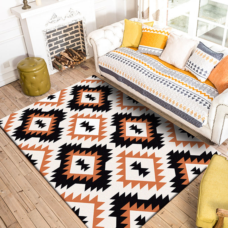 BowLift | Aztec Tokens Tribal Indigenous Carpet with ethnic geometric diamond in orange and black polyester stain-resistant personal carpet