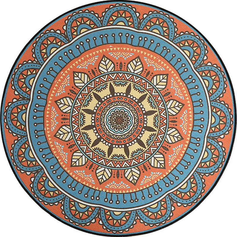 BowLift | Blue and Orange Tribal Carpet with Leaf Polyester Southwestern Print Non-Slip Back Carpet for Bedroom