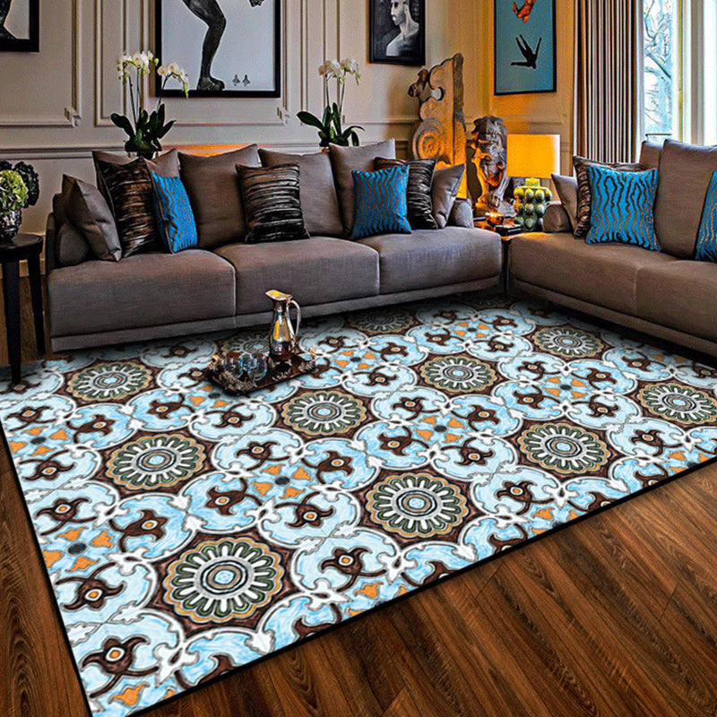BowLift | Blue and brown Moroccan carpet polyester floral pattern non-slip rug for home decor