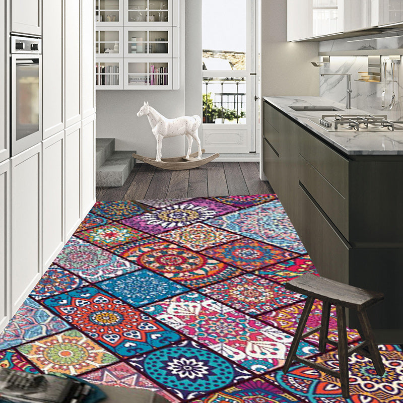 BowLift | Mediterranean Moroccan Carpet Multicolored Flowers Square Pattern Area Rug Polyester Machine Washable Non-Slip Rug for Living Room