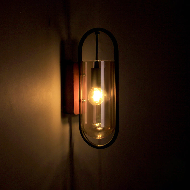 BowLift | Black Cylinder Wall Light Industrial 1 Light Clear/Amber Glass Wall Mount Light