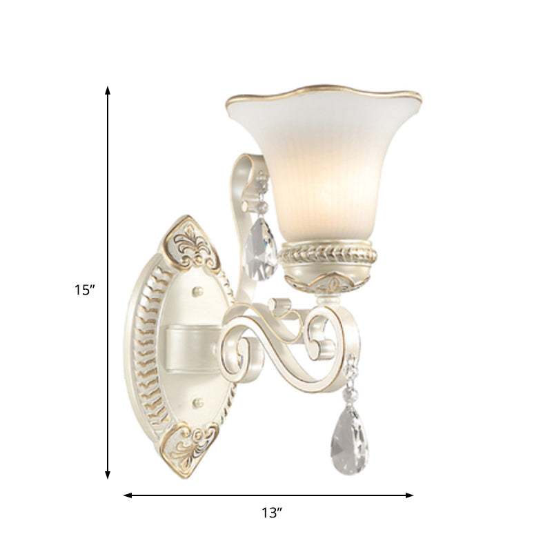 BowLift | Milk glass flower wall lamp vintage 1/2 head wall-mounted light with clear crystal accent in white for the bedroom