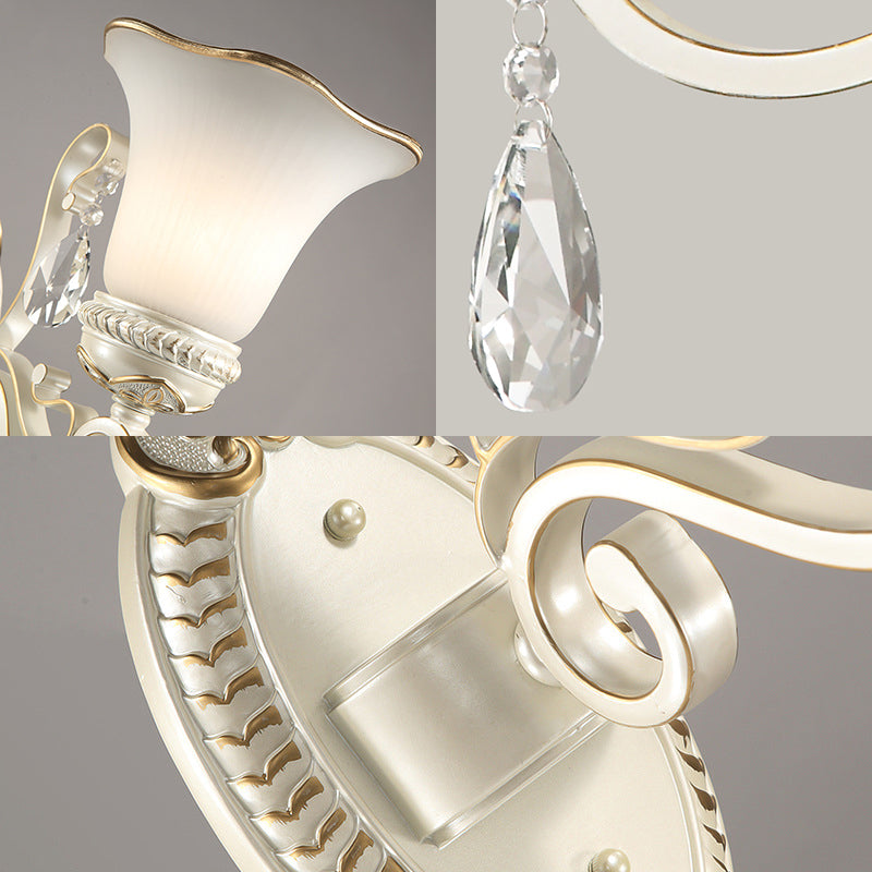 BowLift | Milk glass flower wall lamp vintage 1/2 head wall-mounted light with clear crystal accent in white for the bedroom