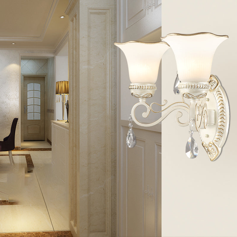 BowLift | Milk glass flower wall lamp vintage 1/2 head wall-mounted light with clear crystal accent in white for the bedroom