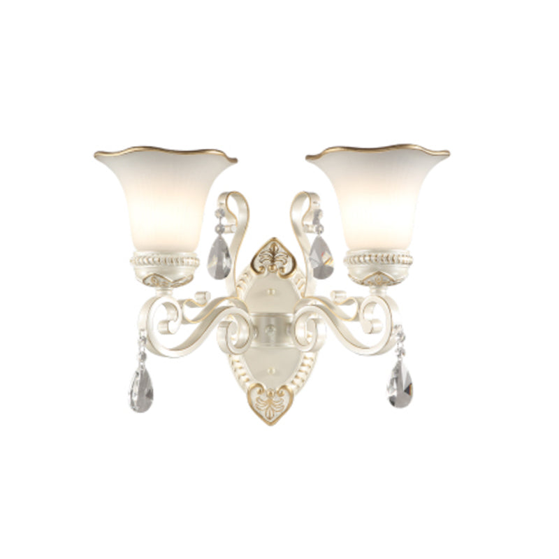 BowLift | Milk glass flower wall lamp vintage 1/2 head wall-mounted light with clear crystal accent in white for the bedroom