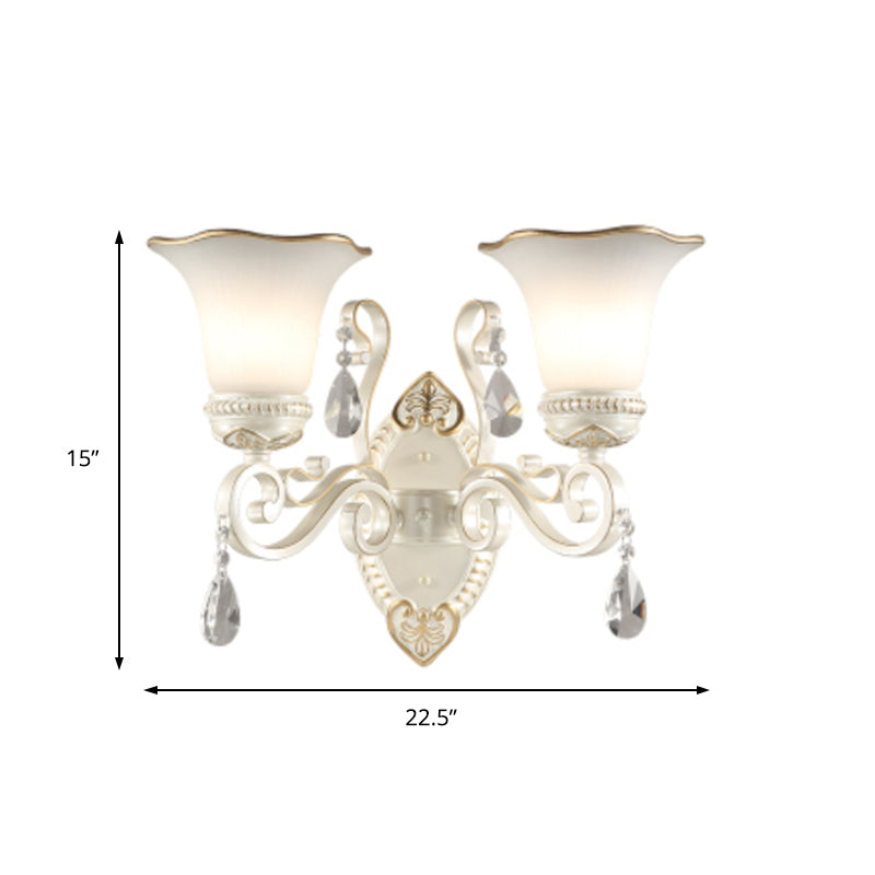 BowLift | Milk glass flower wall lamp vintage 1/2 head wall-mounted light with clear crystal accent in white for the bedroom