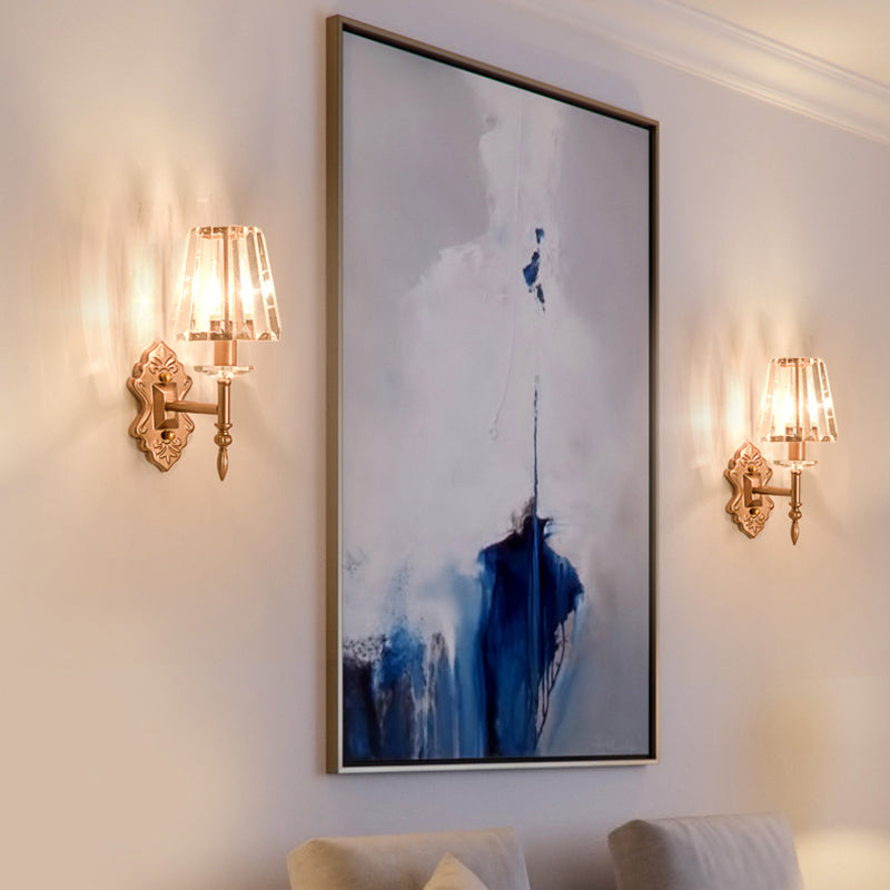 BowLift | Faceted Crystal Wall Light with Conical Shade Modernist 1/2-Light Wall Lamp in Copper for Bedroom