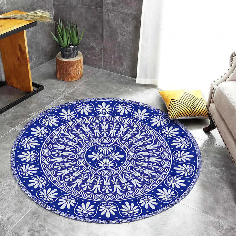 BowLift | Blue Mediterranean Rug Flannel Floral Pattern Rug Washable Non-Slip Back Rug for the Living Room