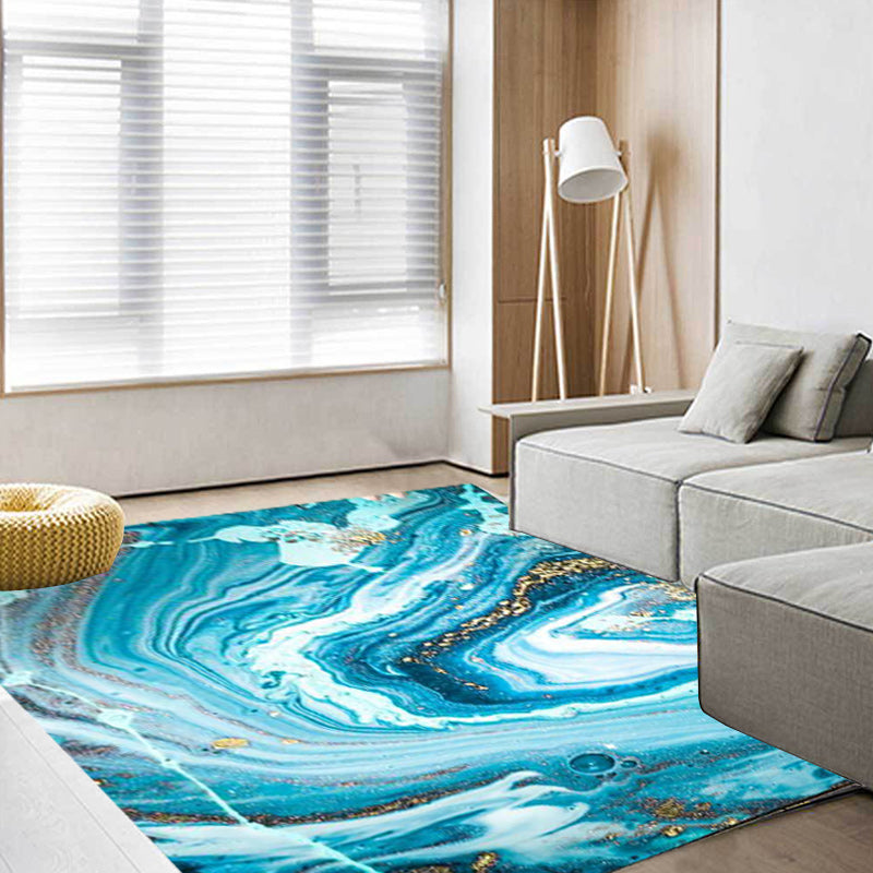 BowLift | Funky Marble Pattern Rug Blue Modern Rug Polyester Washable Non-Slip Back Area Rug for Bedroom