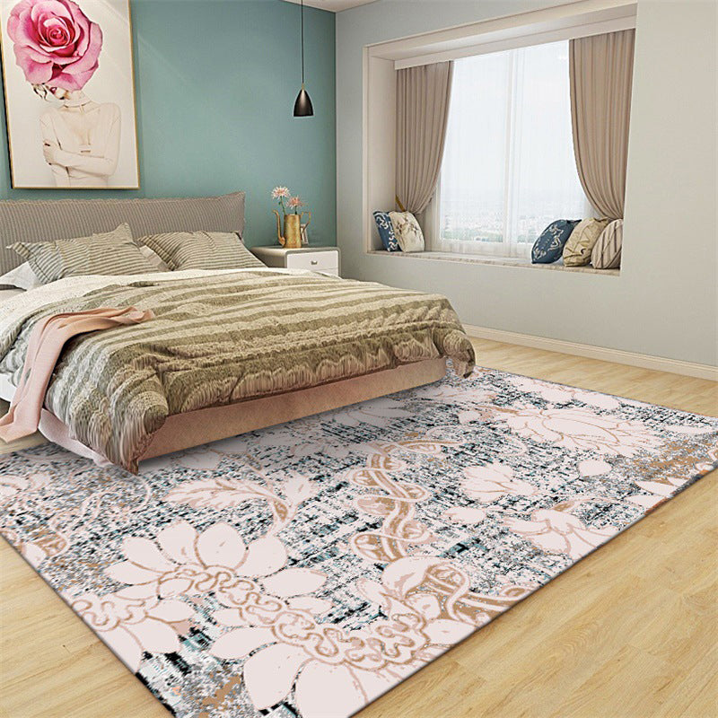 BowLift | Washed white floral patterned carpet with leaf pink shabby chic carpet washable polyester non-slip backing doormat for bedroom