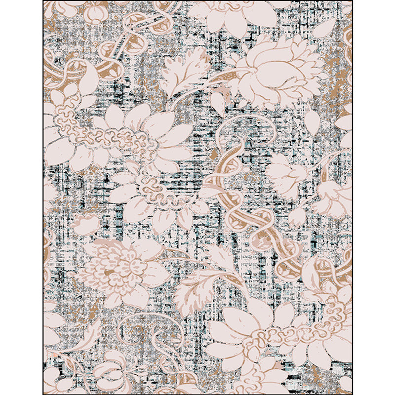 BowLift | Washed white floral patterned carpet with leaf pink shabby chic carpet washable polyester non-slip backing doormat for bedroom