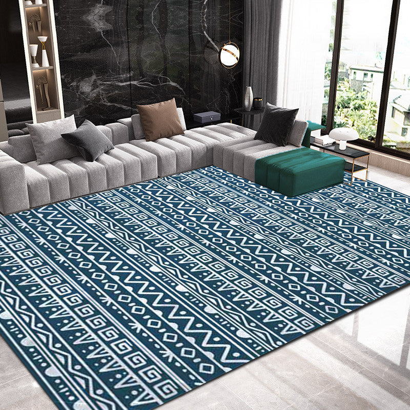 BowLift | American Southwestern rug in blue stripes, Greek key, wave pattern, rug, polyester, washable rug for home decor