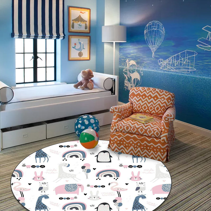 BowLift | Simple children's carpet in white and blue animal giraffe penguin rabbit pattern carpet polyester washable carpet for the children's room