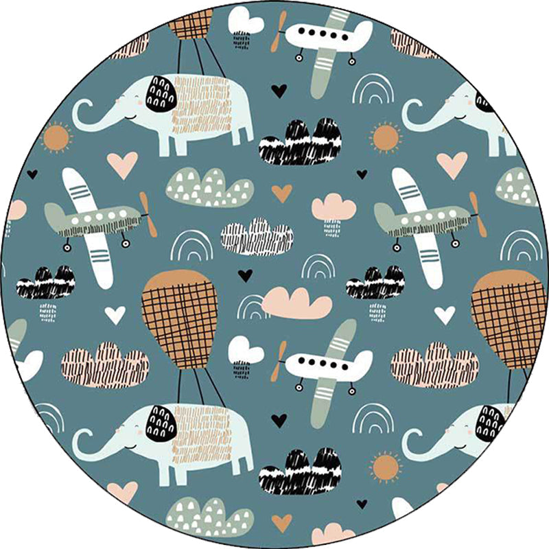BowLift | Kids Room Rug in Teal Animal Elephant Airplane Heart Print Rug Polyester Stain Resistant Rug