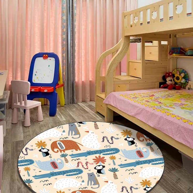 BowLift | Ivory Kids Room Rug Kids Animal Elephant Monkey Crocodile Pattern Rug Polyester Pet-Friendly Rug