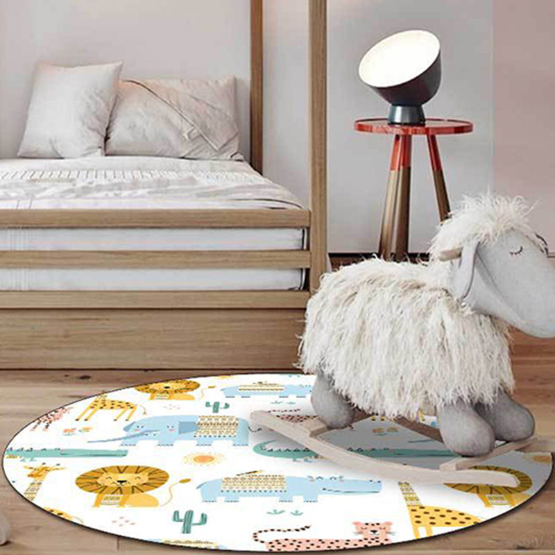BowLift | Kids Bedroom Rug in White Animal Lion Elephant Crocodile Print Rug Polyester Machine Washable Area Rug