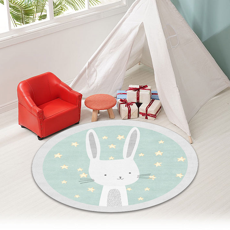 BowLift | Kids Cartoon Bunny Pattern Rug Green Polyester Rug Washable Non-Slip Back Rug for Home Decor