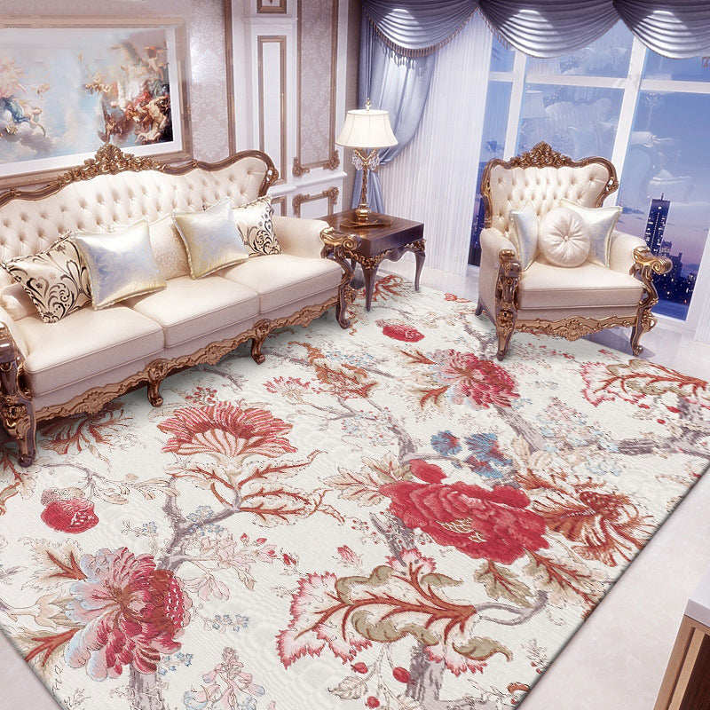 BowLift | Vintage Floral Pattern Rug Red Polyester Rug Machine Washable Non-Slip Rug for the Living Room