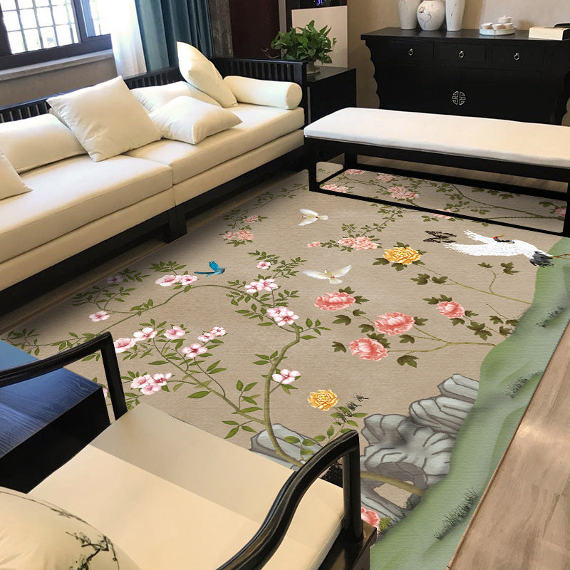 BowLift | Vintage Floral Pattern Carpet with Bird and Leaf Khaki Polyester Carpet Machine Washable Non-Slip Area Rug for Living Room