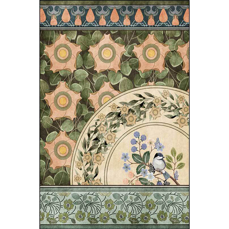 BowLift | Green Oriental Carpet Polyester Flower and Bird Pattern Carpet Washable Non-Slip Backing Carpet for Bedroom