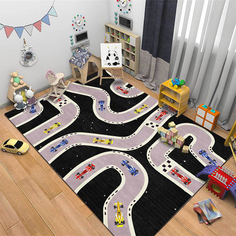 BowLift | Kids Bedroom Rug in Black Cars & Roads Print Rug Polyester Non-Slip Back Washable Rug