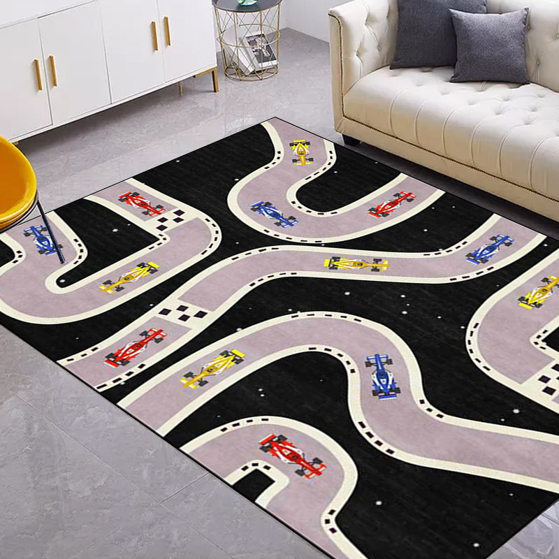 BowLift | Kids Bedroom Rug in Black Cars & Roads Print Rug Polyester Non-Slip Back Washable Rug
