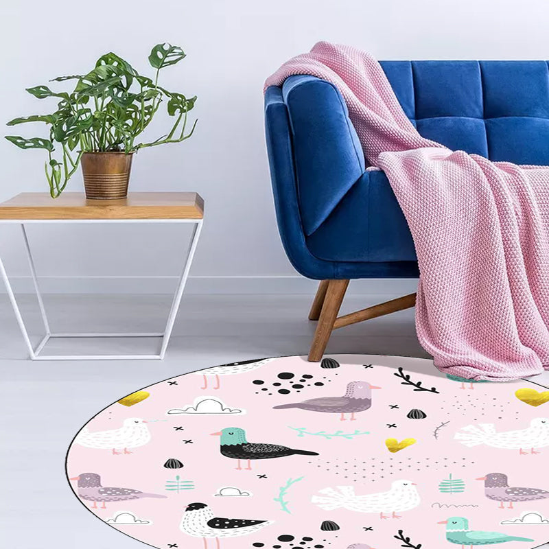 BowLift | Kids Bedroom Rug in Pink Animal Bird Leaf Pattern Rug Polyester Washable Non-Slip Rug