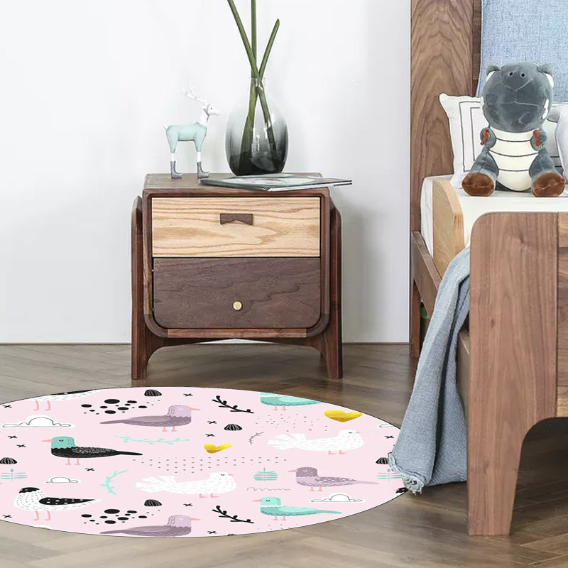 BowLift | Kids Bedroom Rug in Pink Animal Bird Leaf Pattern Rug Polyester Washable Non-Slip Rug