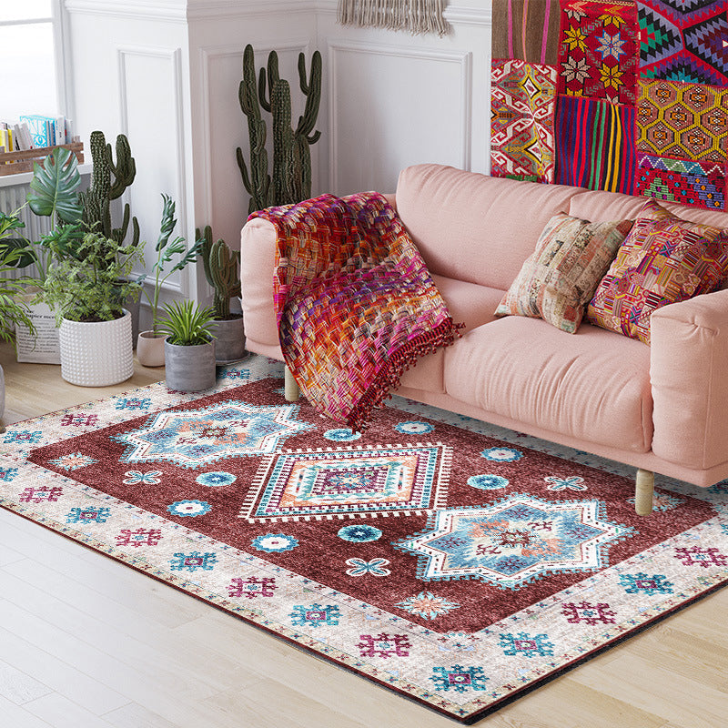 BowLift | Washed Medallion Pattern Rug Red Moroccan Rug Polyester Machine Washable Non-Slip Area Rug for Bedroom