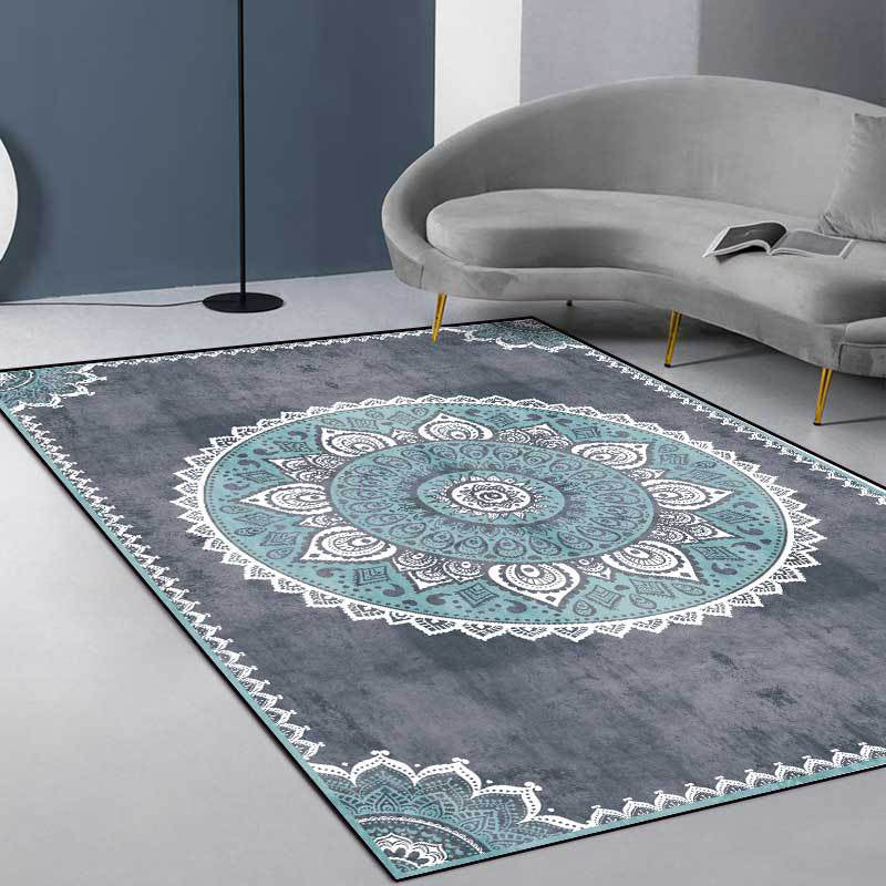 BowLift | Blue and Gray Moroccan Carpet Polyester Floral Pattern Washable Carpet Non-slip Back Carpet for Living Room