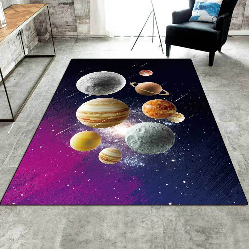 BowLift | Kids' Bedroom Rug in Black and Purple Space Galaxy Planet Print Rug Polyester Machine Washable Rug