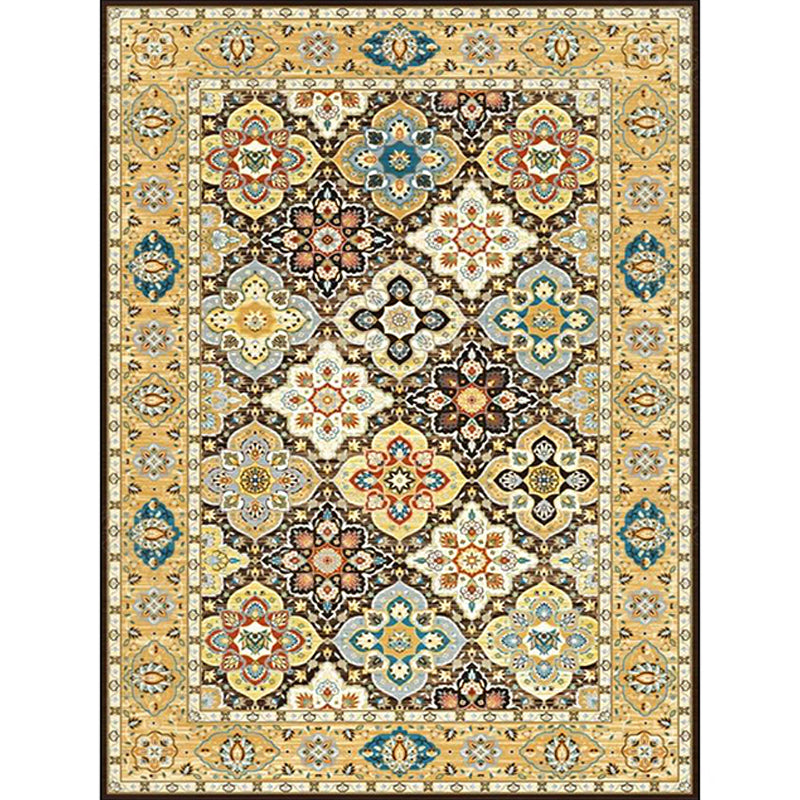 BowLift | Stylish Tribal Pattern Carpet with Flowers Yellow Vintage Carpet Polyester Washable Non-Slip Back Bedroom Rug