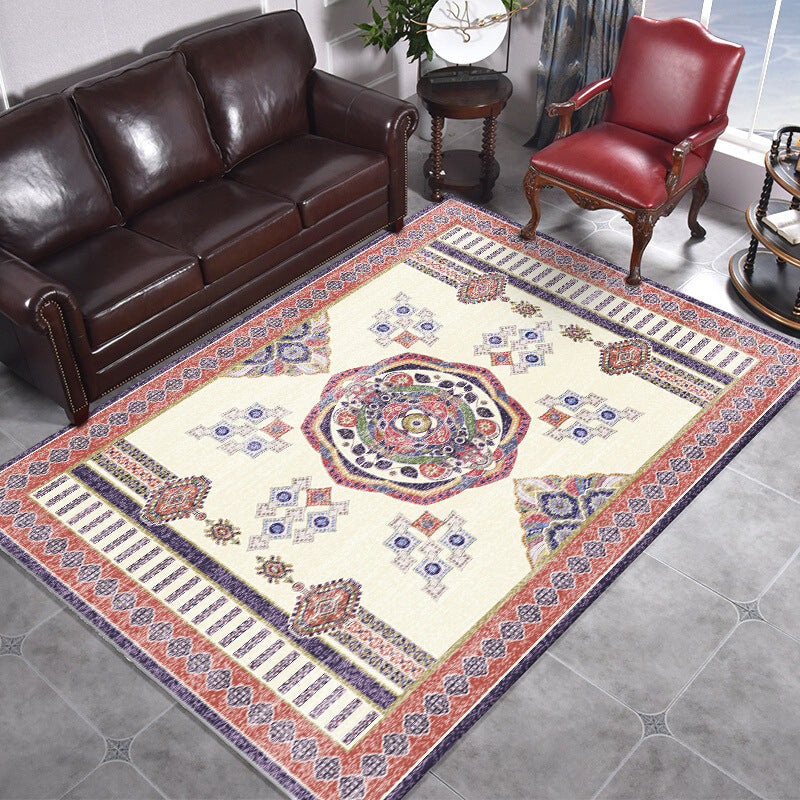 BowLift | Beige and Red Vintage Carpet Polyester Medallion Pattern Carpet Washable Non-Slip Underlay Carpet for Living Room