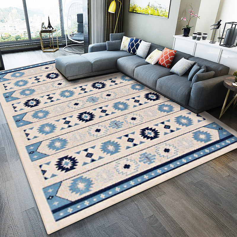 BowLift | Blue and brown tribal rug striped polyester and tribal pattern rug washable non-slip backing rug for living room