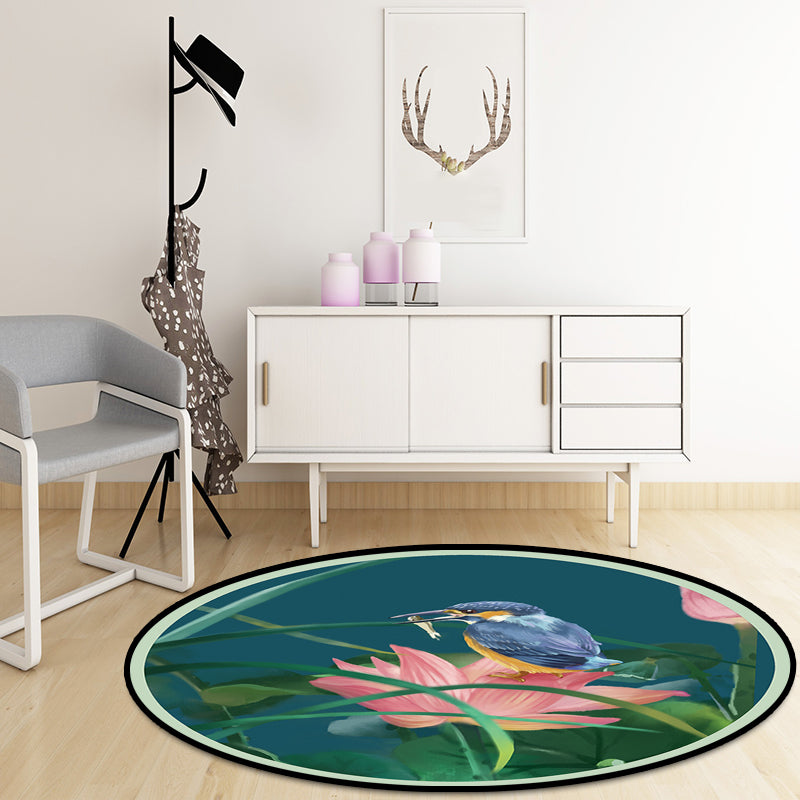 BowLift | Vintage Lotus Pattern Carpet with Bird and Leaf Green Polyester Carpet Machine Washable Non-Slip Area Rug for Living Room