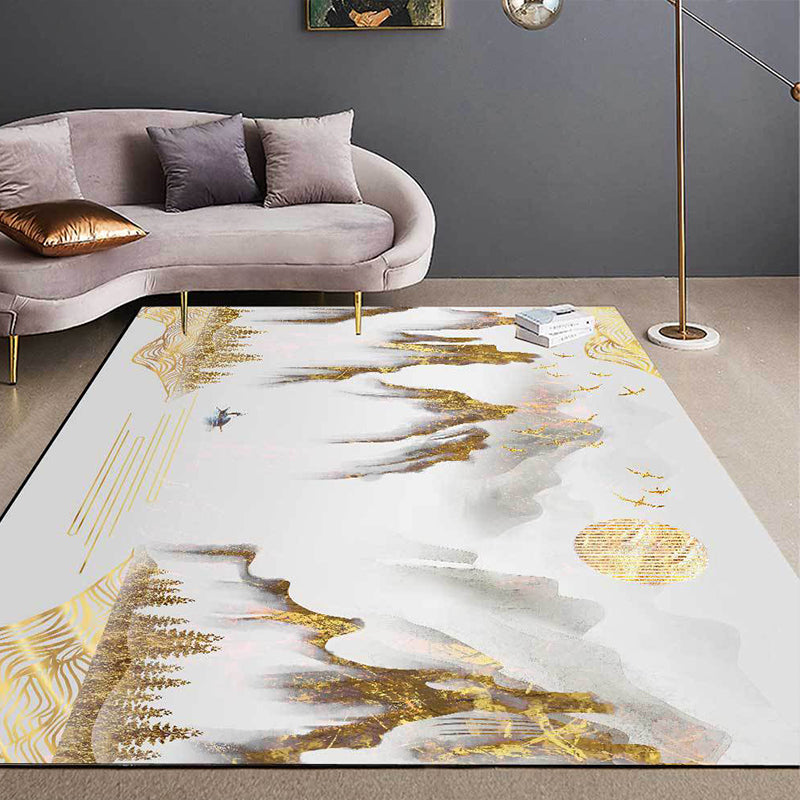 BowLift | Retro Mountain Pattern Carpet with Character and Bird Golden Eastern Carpet Polyester Washable Non-Slip Backing Area Rug for Living Room