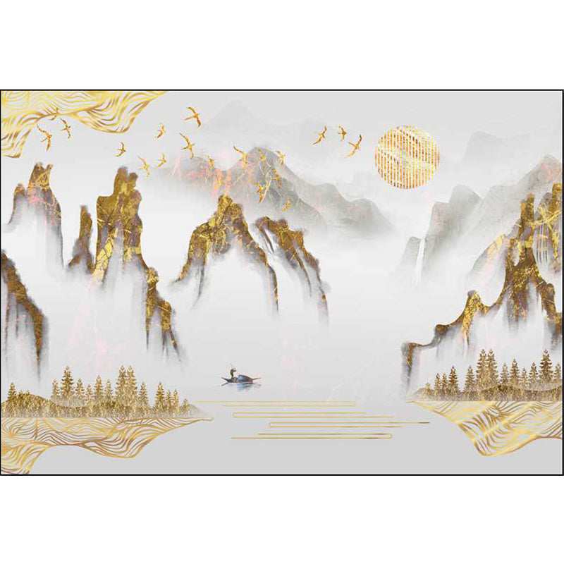 BowLift | Retro Mountain Pattern Carpet with Character and Bird Golden Eastern Carpet Polyester Washable Non-Slip Backing Area Rug for Living Room
