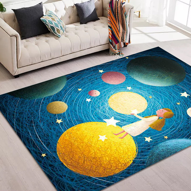 BowLift | Beautiful children's rug in blue with planet patterns in space, polyester, non-slip, washable, rug for the children's room