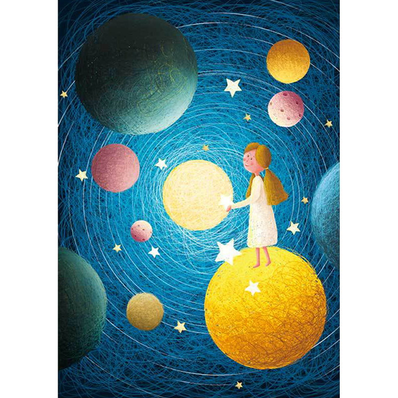 BowLift | Beautiful children's rug in blue with planet patterns in space, polyester, non-slip, washable, rug for the children's room