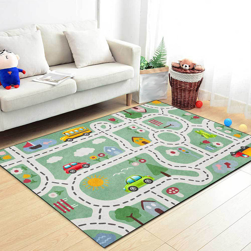 BowLift | Beautiful children's carpet in green with cars & roads, house, flowers, tree pattern, polyester, pet-friendly carpet for the children's room
