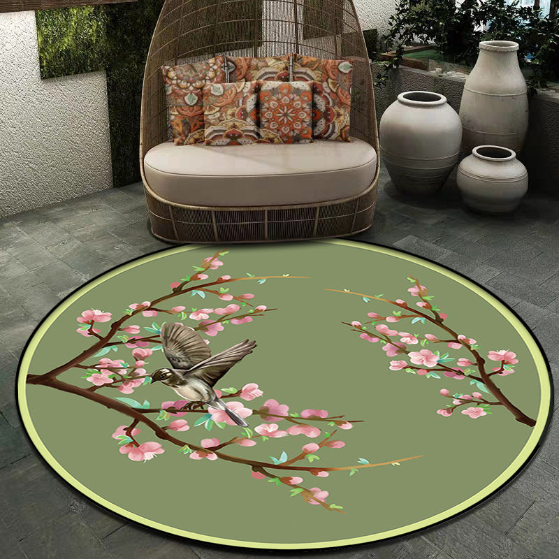 BowLift | Vintage Floral Pattern Rug with Bird Green Polyester Rug Machine Washable Non-Slip Rug for Bedroom