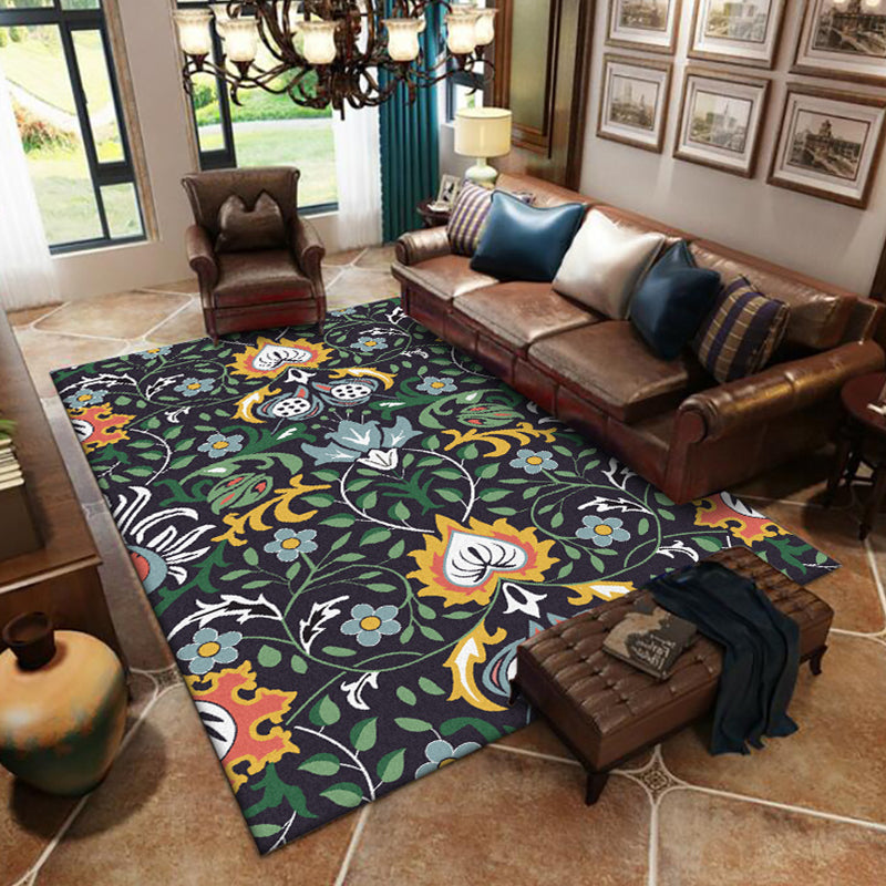 BowLift | Vintage Floral Pattern rug with leaf black and green polyester rug machine washable non-slip rug for the bedroom