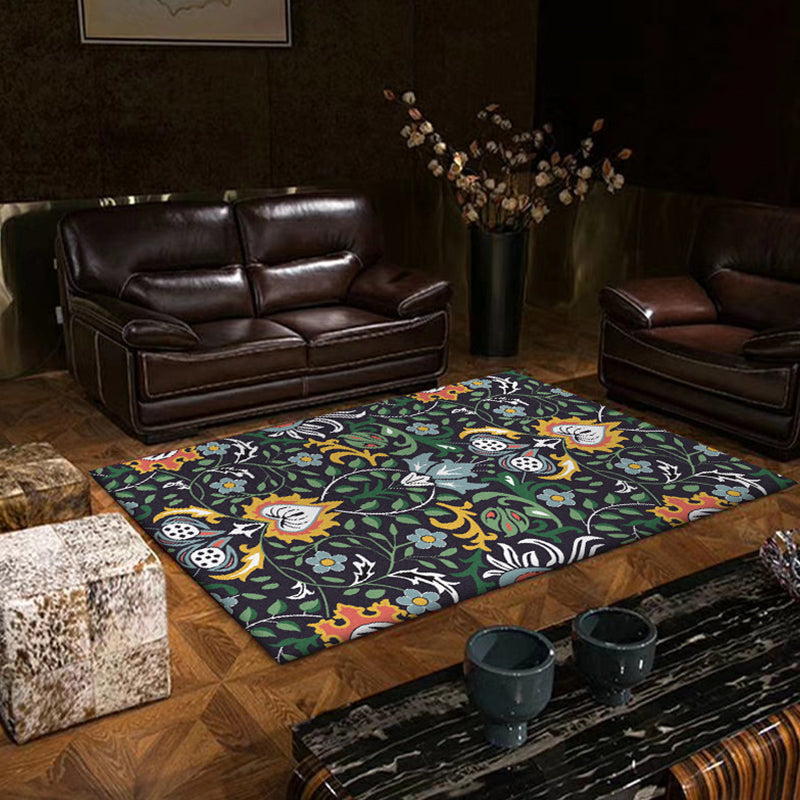 BowLift | Vintage Floral Pattern rug with leaf black and green polyester rug machine washable non-slip rug for the bedroom