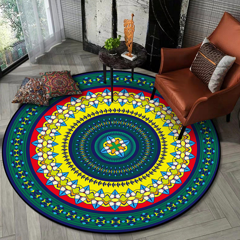 BowLift | Classic concentrated circles pattern rug green and yellow tribal rug polyester washable non-slip back area rug for living room