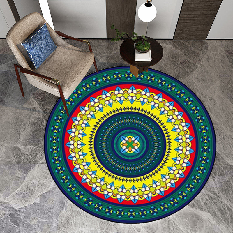 BowLift | Classic concentrated circles pattern rug green and yellow tribal rug polyester washable non-slip back area rug for living room