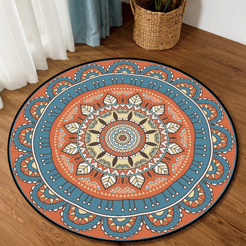 BowLift | Americana concentric circles pattern rug with floral orange and blue tones polyester rug machine washable non-slip rug for the bedroom