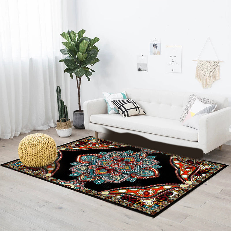 BowLift | Mediterranean Moroccan carpet in red and black medallion floral pattern carpet polyester non-slip flooring for living room decoration