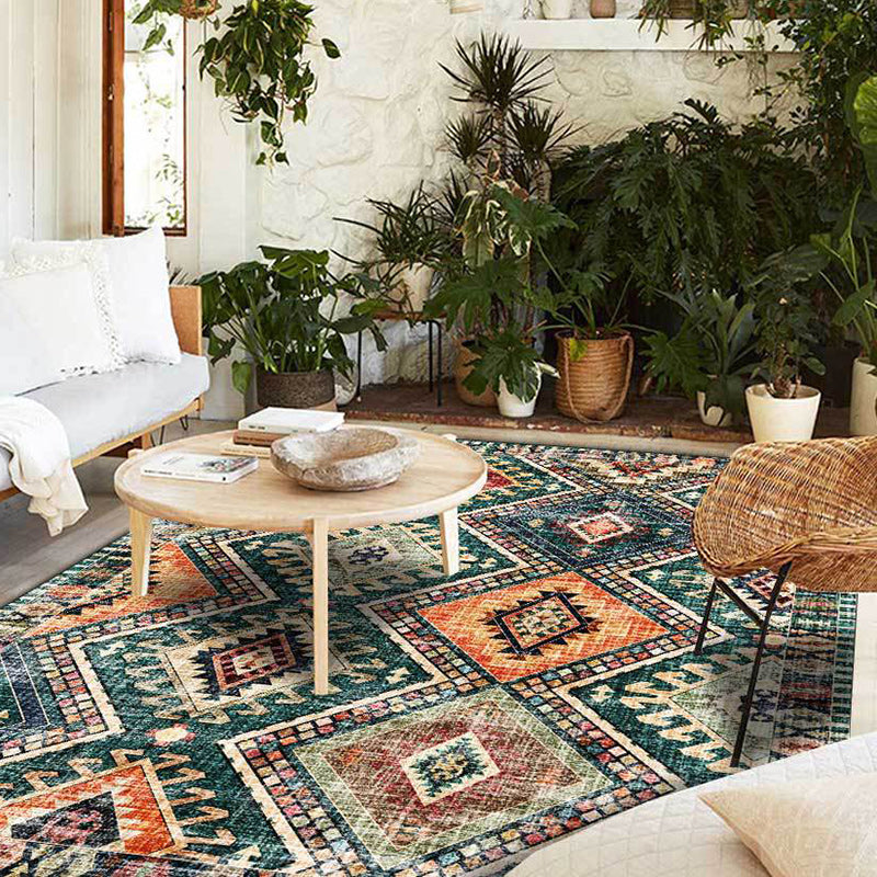 BowLift | Retro Tribal Pattern Rug Green Polyester Rug Machine Washable Non-Slip Backing Living Room Rug for Living Room