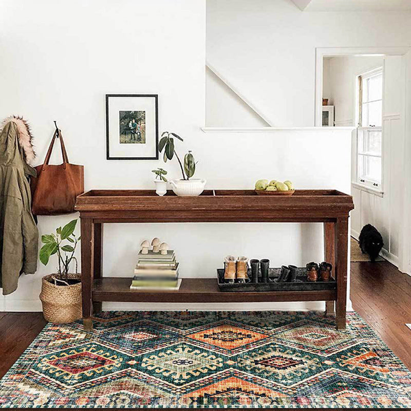 BowLift | Retro Tribal Pattern Rug Green Polyester Rug Machine Washable Non-Slip Backing Living Room Rug for Living Room